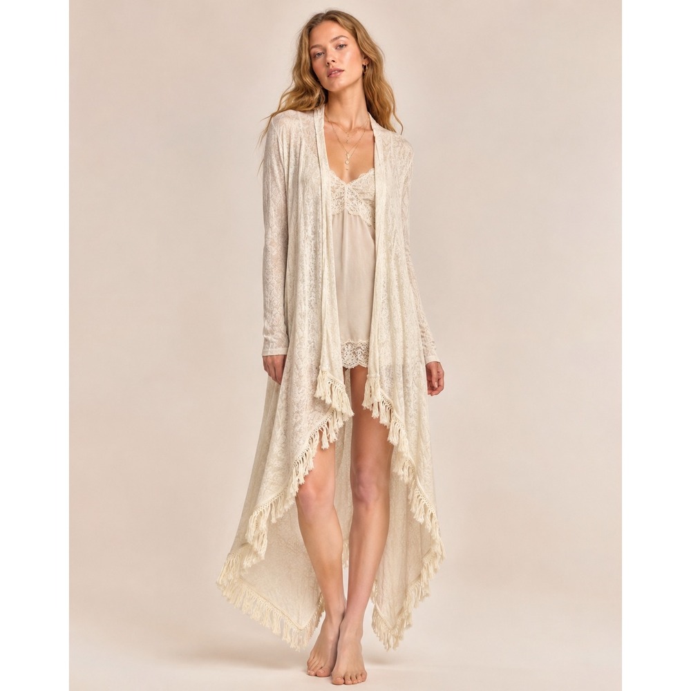 Peace Love World Fringe Hooded Duster Cardigan M Ivory Boho Cottagecore